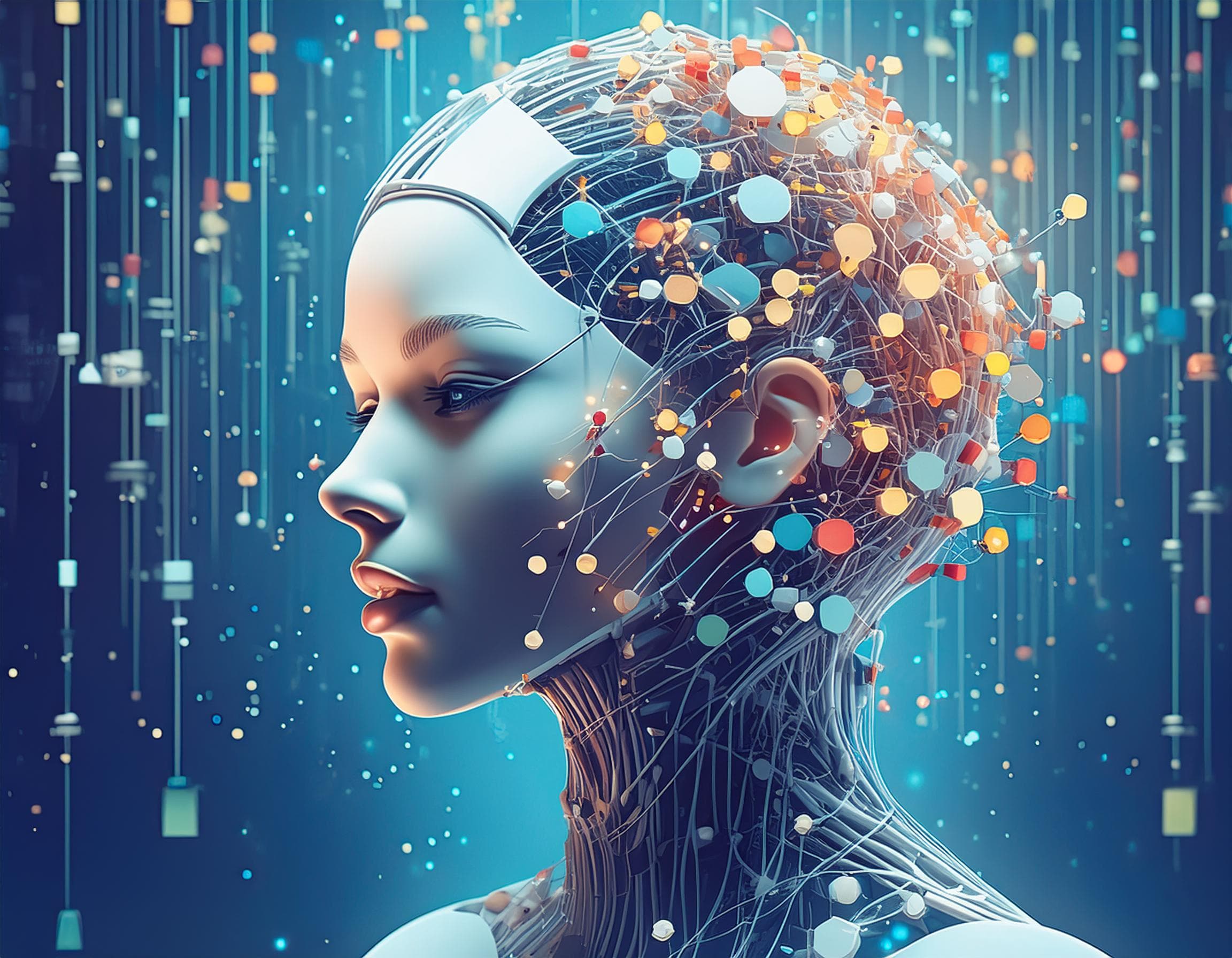 AI-generated illustration of a humanoid robot’s head connected to multiple data streams, illustrating concepts of data science and artificial intelligence